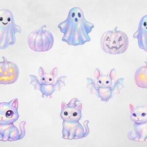 May include: A selection of whimsical Halloween illustrations. The image features ghosts, pumpkins, bats, and cats, all in a soft, iridescent colour palette of purples, blues, and pinks. The pumpkins have carved faces, and the cats wear witch hats.