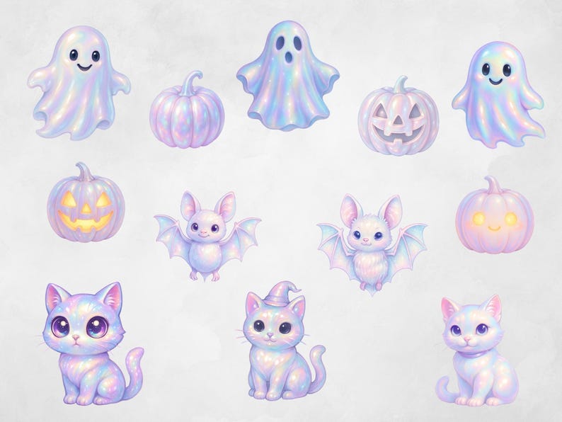 May include: A selection of whimsical Halloween illustrations. The image features ghosts, pumpkins, bats, and cats, all in a soft, iridescent colour palette of purples, blues, and pinks. The pumpkins have carved faces, and the cats wear witch hats.