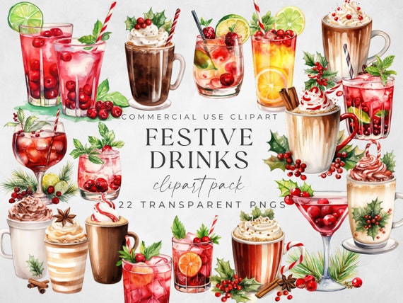 Watercolor Christmas Drinks Clipart: Holiday Cocktails & Coffees (PNG, Commercial Use)