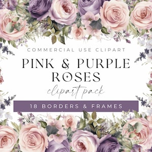 Blush roze bloemen clipart aquarel rand, pruim paarse rozen, bloemlijsten, perfect voor uitnodigingen, illustraties voor kaarten maken