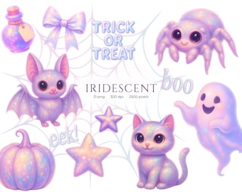 Iridescent Halloween Clipart: Pastel Ghosts PNG Bundle (Digital Download