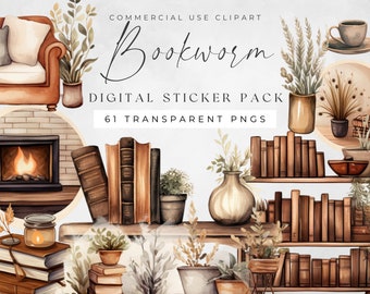 Bookworm Digital Sticker, Pre-Cropped PNG Files, Cute Aesthetic Planner Stickers, Goodnotes & Notable, Cozy Reading Clipart, Junk Journal