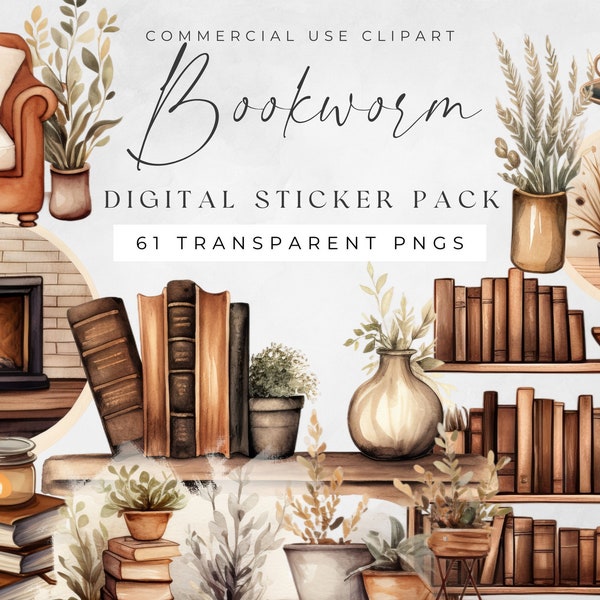 Bookworm Digital Sticker, Pre-Cropped PNG Files, Cute Aesthetic Planner Stickers, Goodnotes & Notable, Cozy Reading Clipart, Junk Journal