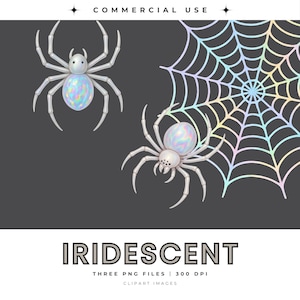 May include: Digital illustration of two spiders and a spiderweb with an iridescent effect. The spiders have white bodies and legs with an opalescent abdomen. The spiderweb is a pastel rainbow color. The word "IRIDESCENT" is displayed below the images.