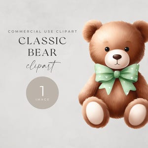 Teddy Bear Watercolor Clipart, SINGLE IMAGE, For Commercial Use, Transparent PNGs, Blue Bow Baby Shower, Digital Download, Nursery Wall Art