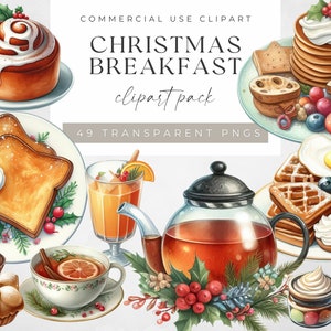 Clipart de café da manhã de Natal, clipart de comida, panquecas de waffle festivas torradas francesas Png, gráficos em aquarela de padaria de férias, download digital