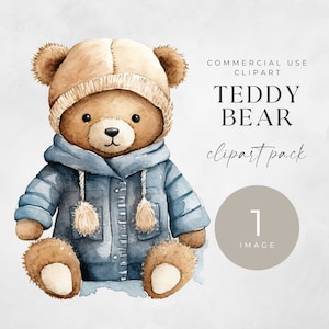 Teddy Bear Watercolor Clipart, SINGLE IMAGE, For Commercial Use, Transparent PNGs, Baby Shower, Digital Download, Nursery Wall Art