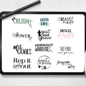 May include: A digital tablet screen displaying a collection of motivational fitness quotes and graphics. The quotes include "Crush It", "Gym Life", "Beast Mode", "Power Up", "Grit and Grace", "Muscle Hustle", "#Fit Goals", "Workout Warrior", "No Pain No Gain", "Rep It Out", "Sweat and Smile", and "Stronger Every Day".