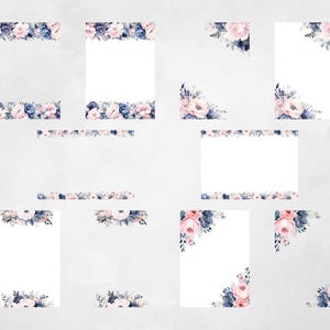 Watercolor Floral Clipart: Blush Pink & Navy Blue Borders (digital ...
