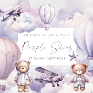 Clouds and Hot Air Balloon Bear Clipart, Bear With Clouds, Baby Shower Purple Skies, Digital Download, Teddy Bear Plane PNG, Nursery Images