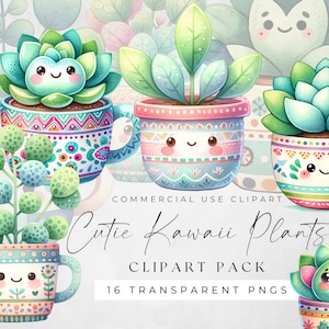 Imágenes prediseñadas de plantas de interior, PNGs de acuarela Cutie Kawaii, imágenes prediseñadas de plantas de interior en macetas verdes, plantas de interior de fondo transparente, suculentas
