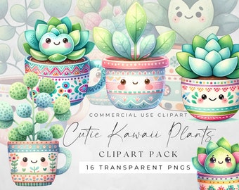 Kawaii Watercolor Plant Clipart: Potted Greenery PNGs (Digital Download)
