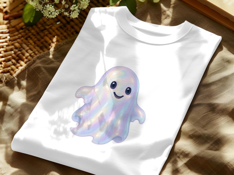 May include: White t-shirt with a cartoon ghost illustration. The ghost is iridescent with a smiling face and dark blue eyes. The design is centered on the shirt, suitable for Halloween or spooky season.