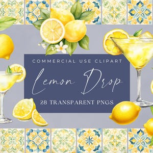 Clipart goutte de citron, art cocktail aquarelle, téléchargement immédiat, graphiques de boisson aux agrumes, décoration de menu de bar, Illustrations de fête d'été, fichiers PNG