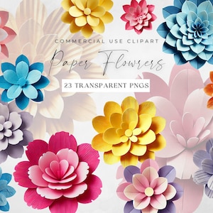 Clipart di fiori 3D, bordi di carta strappati, immagini PNG floreali di carta piegata colorata, diario spazzatura, prenotazione di ritagli, album di ritagli digitale, uso commerciale