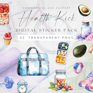 Pegatinas digitales de salud y bienestar, archivos PNG recortados previamente, juego de pegatinas de acuarela sobre alimentación saludable y fitness, hoja de pegatinas para planificador de Goodnotes