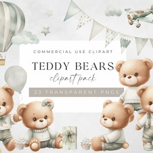 Aquarel teddybeer clipart voor jongen, baby shower illustraties, kinderkamer kunst, PNG bundel, kleine schattige salie grijze beren, voor commercieel gebruik