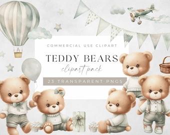 Watercolor Teddy Bear Clipart for Boy, Baby Shower Clip Art, Nursery Art, PNG Bundle, Little Cute Sage Gray Bears, For Commercial Use