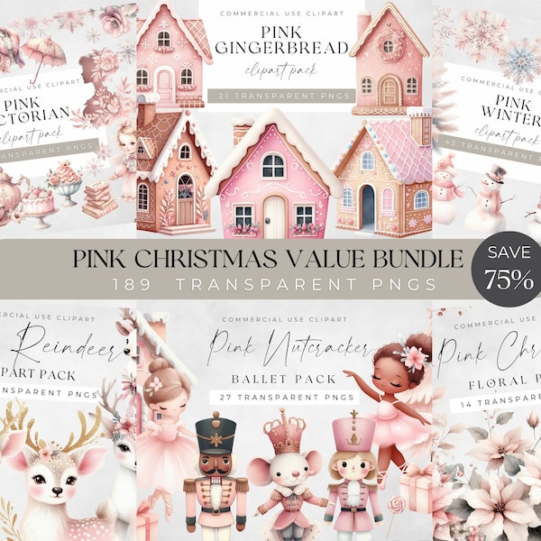 Pink Christmas Bundle Clipart PNGs, Watercolor Victorian Winter, Pastel Gingerbread House, Pale Holiday Florals, Reindeer, Nutcracker Ballet