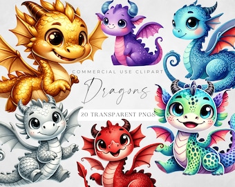 Clipart di un cucciolo di drago ad acquerello: Rainbow Fantasy PNG (download digitale)