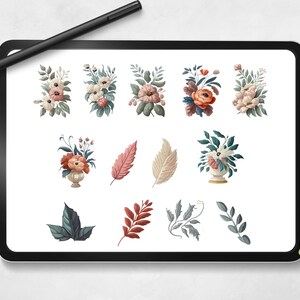 以下が含まれることがあります： 13種類のデジタルイラストのセット。ピンク、白、赤の花のブーケと、緑と茶色の葉が含まれています。
