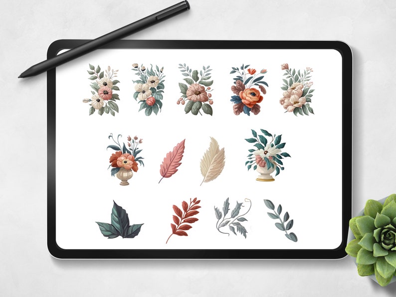 以下が含まれることがあります： 13種類のデジタルイラストのセット。ピンク、白、赤の花のブーケと、緑と茶色の葉が含まれています。
