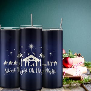 Krippenszene Tumbler Wrap, 20 Unze Skinny Tumbler Sublimation PNG, sauberes, einfaches Design, gerade und konisch, blauer Weihnachtsjeses Geburtsstern