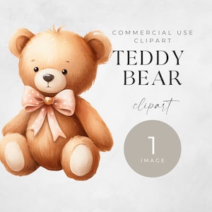 Teddy Bear Watercolor Clipart, SINGLE IMAGE, For Commercial Use, Transparent PNGs, Baby Shower, Digital Download, Nursery Wall Art