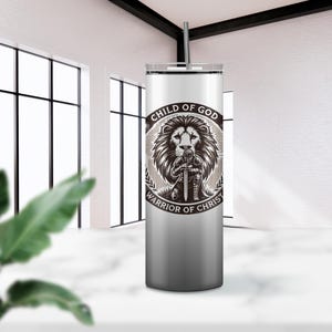 Envoltura para vaso de niño de Dios, león guerrero cristiano de Cristo PNG, vaso delgado y sencillo de 20 oz, diseño de sublimación recto y cónico