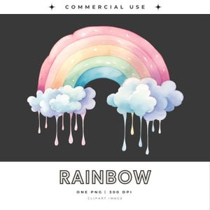 Arcoíris con nubes, acuarela, imagen individual, para uso comercial, ideas para baby shower, descarga digital para decoración de habitación infantil.