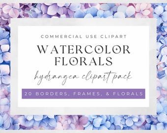 Clipart aquarel hortensia: bloemenlijsten en randen (digitale download)
