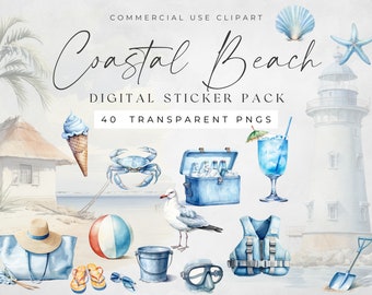 Watercolor Beach Planner Stickers: Blue Coastal PNG Set (Digital Download)