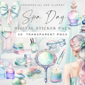 Clipart journée au spa, ensemble d'autocollants numériques beauté graphique, autocollants relaxants aquarelle spa, fichiers PNG pré-recadrés, Goodnotes & Notable