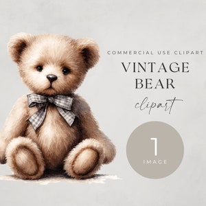 Vintage Teddy Bear Watercolor Clipart, SINGLE IMAGE, For Commercial Use, Transparent PNGs, Baby Shower, Digital Download, Nursery Wall Art