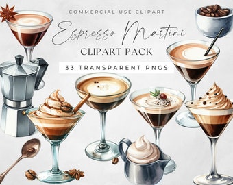 Espresso Martini Clipart: Watercolor Cocktail PNG Graphics (Commercial Use)