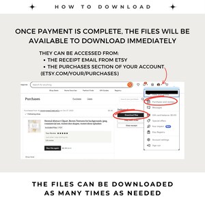 May include: White graphic with text "HOW TO DOWNLOAD" and instructions on how to download files from Etsy after purchase. Includes a screenshot of the Etsy purchases page with a "Download files" button.