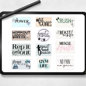May include: A set of 12 digital stickers featuring motivational fitness quotes. The stickers are in various colors and feature different fonts and illustrations. The quotes include "Power Up", "#Fit Goals", "Crush It", "Workout Warrior", "Sweat & Smile", "Beast Mode", "Rep It Out", "Grit and Grace", "Muscle Hustle", "Stronger Every Day", "Gym Life", and "No Pain No Gain".
