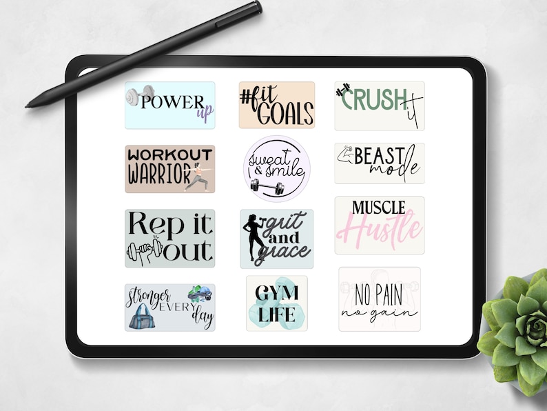 May include: A set of 12 digital stickers featuring motivational fitness quotes. The stickers are in various colors and feature different fonts and illustrations. The quotes include "Power Up", "#Fit Goals", "Crush It", "Workout Warrior", "Sweat & Smile", "Beast Mode", "Rep It Out", "Grit and Grace", "Muscle Hustle", "Stronger Every Day", "Gym Life", and "No Pain No Gain".