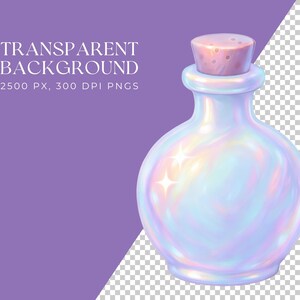 May include: A digitally created, iridescent potion bottle with a cork stopper. The bottle has a pearlescent, swirling effect with star-shaped highlights. Text on the left reads "TRANSPARENT BACKGROUND" and "2500 PX, 300 DPI PNGS".