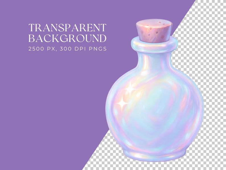 May include: A digitally created, iridescent potion bottle with a cork stopper. The bottle has a pearlescent, swirling effect with star-shaped highlights. Text on the left reads "TRANSPARENT BACKGROUND" and "2500 PX, 300 DPI PNGS".