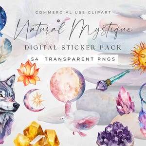 Pegatinas estéticas para planificadores digitales, archivos PNG recortados previamente, juego de pegatinas de acuarela con sol y luna, hoja de Goodnotes, Natural Mystique