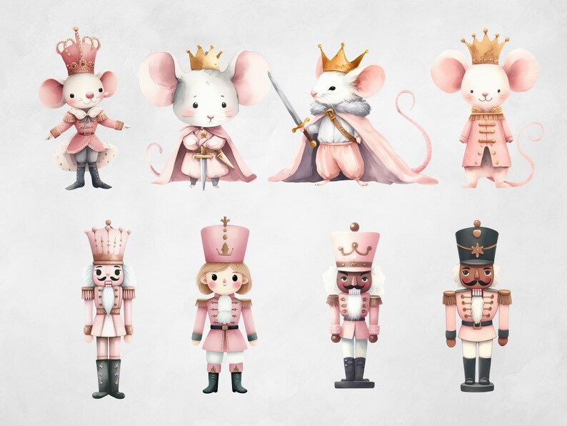 May include: A set of eight watercolor illustrations featuring nutcracker and mouse characters. The characters are dressed in pink and gold, with crowns and swords. The illustrations are perfect for adding a touch of whimsy to any project.