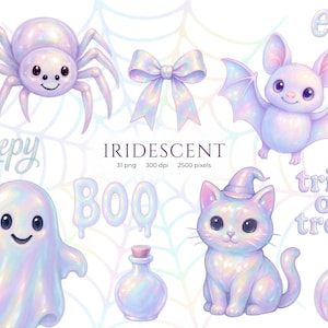 May include: Digital illustration of iridescent Halloween characters including a spider, bow, bat, ghost, and a cat in a witch hat. The image also features the words "Creepy", "Boo", "eek!", and "trick or treat".