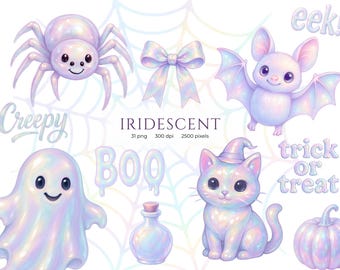 Iridescent Halloween Clipart: Pastel Ghosts PNG Bundle (Digital Download