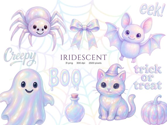 Iridescent Halloween Clipart: Pastel Ghosts PNG Bundle (Digital Download