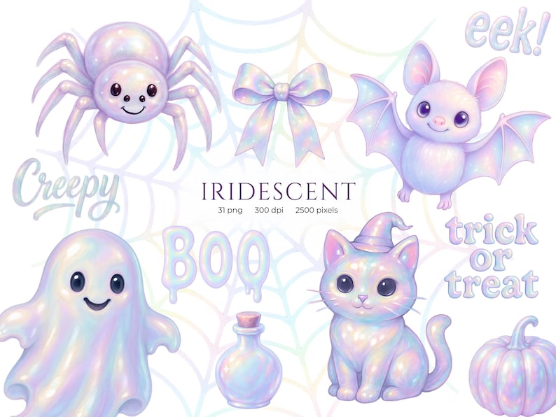 May include: Digital illustration of iridescent Halloween characters including a spider, bow, bat, ghost, and a cat in a witch hat. The image also features the words "Creepy", "Boo", "eek!", and "trick or treat".