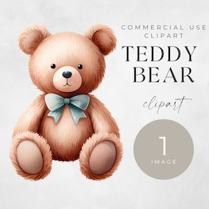 Teddy Bear Watercolor Clipart, SINGLE IMAGE, For Commercial Use, Transparent PNGs, Baby Shower, Digital Download, Nursery Wall Art
