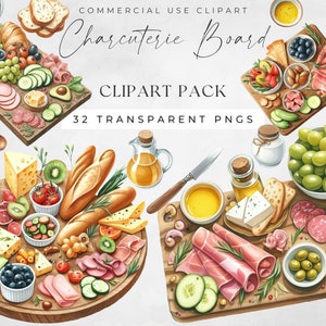 Charcuterie clipart, voedsel illustraties, aquarel kaasplank PNG, Franse cultuur, commercieel gebruik, vlees & druiven, junk Journal downloaden