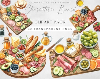 Charcuterie Clipart, Food Clip Art, Watercolor Cheese Board Png, French Culture, Commercial Use, Meat & Grapes, Junk Journal Download