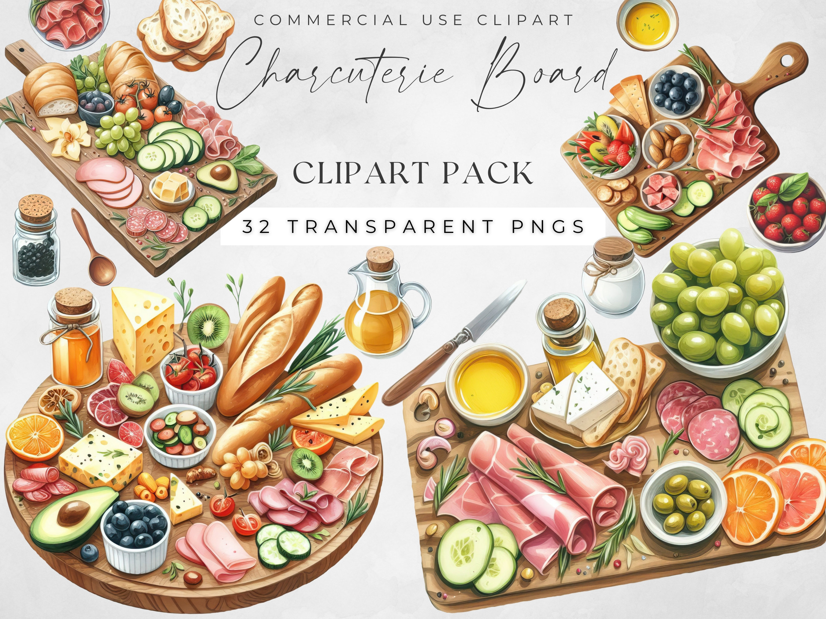 Charcutería Clipart, Clip Art de alimentos, Tabla de quesos de acuarela Png, Cultura francesa, Uso comercial, Carne y uvas, Descarga de diario basura